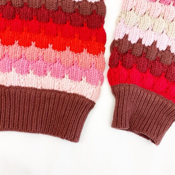 THML Textured Chunky Knit Striped Puffy Crewneck Sweater Red Pink - Picture 11 of 14